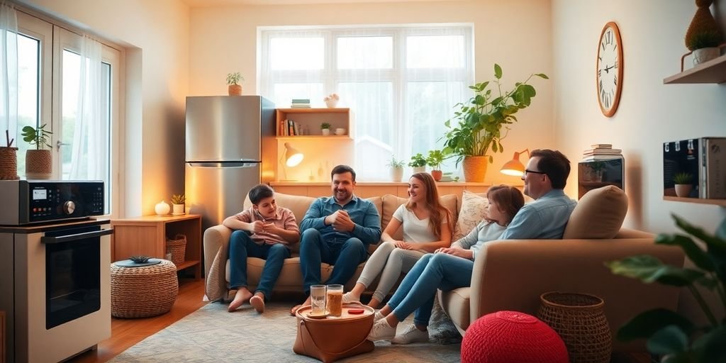 Sala de estar aconchegante com eletrodomésticos eficientes.