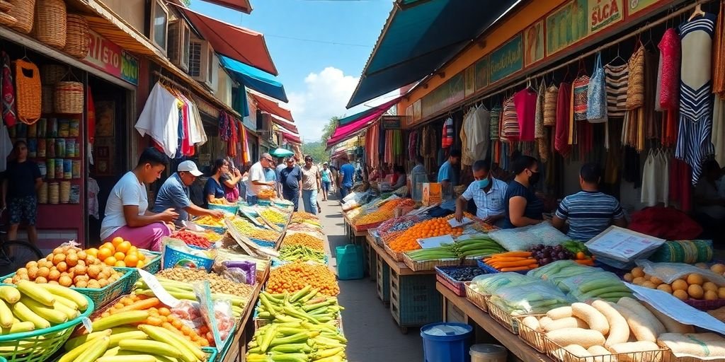 Mercado movimentado no Brasil com produtos frescos.