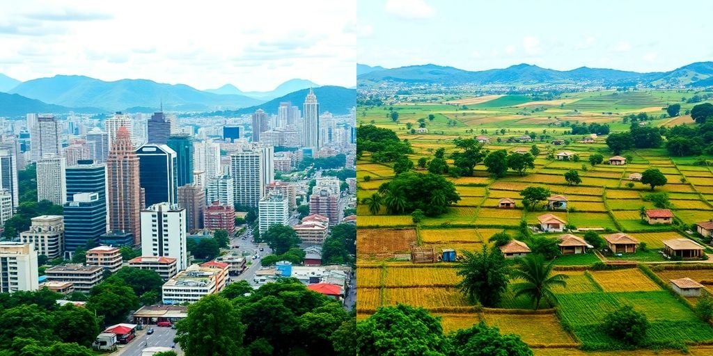 Cena contrastante entre cidade e campo no Brasil.