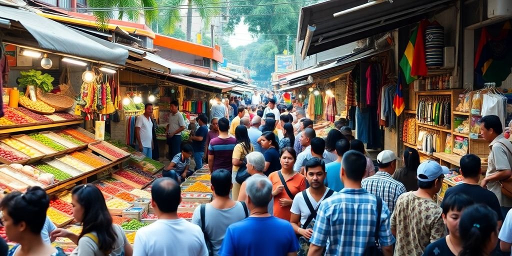 Cena de mercado brasileiro com barracas coloridas.