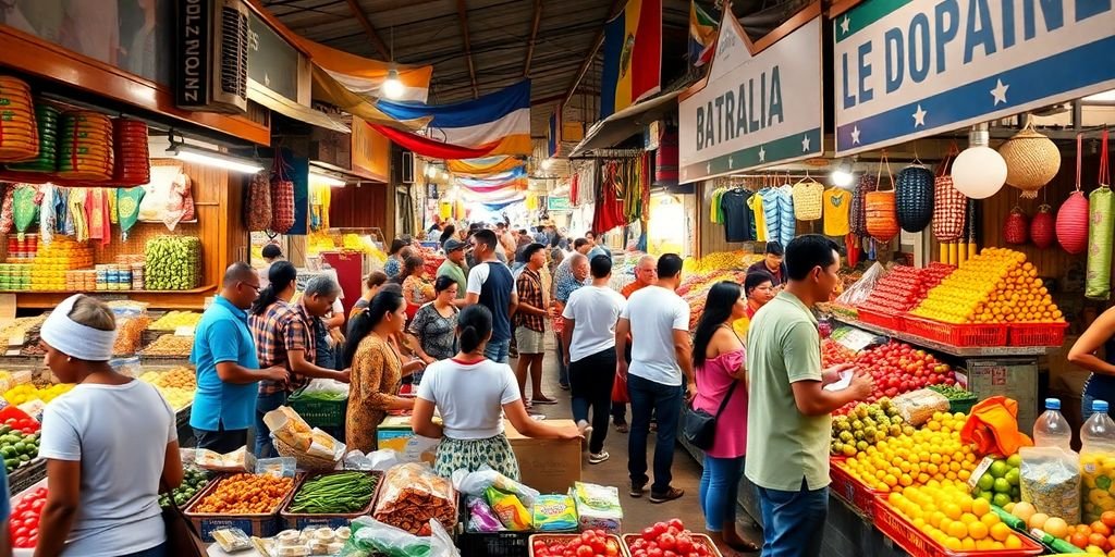 Mercado brasileiro vibrante com trabalhadores e consumidores.