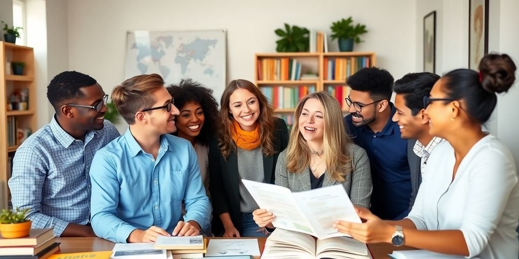 Grupo de iniciantes discutindo investimentos com livros ao redor.