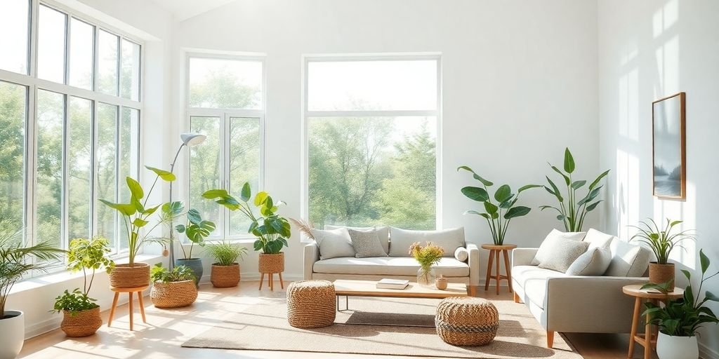 Sala bem iluminada com luz natural e decoração sustentável.