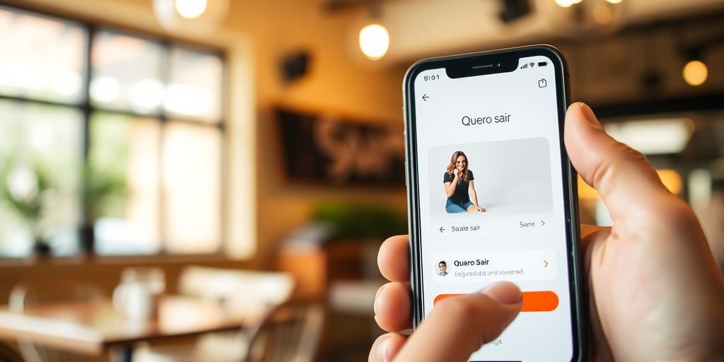 Hand using Quero Sair app in a café setting.